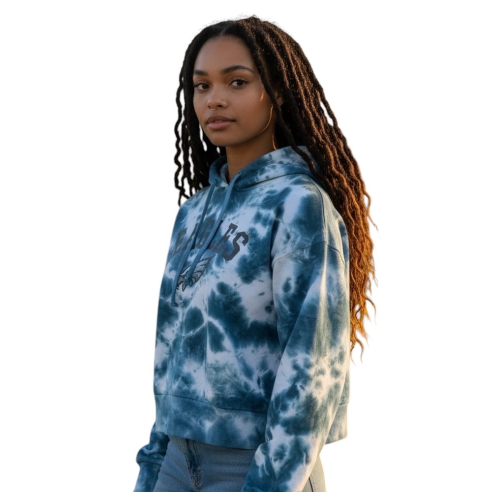 NFL Team Apparel Philadelphia Eagles Tie Dye Cropped Hoodie XL Teal White